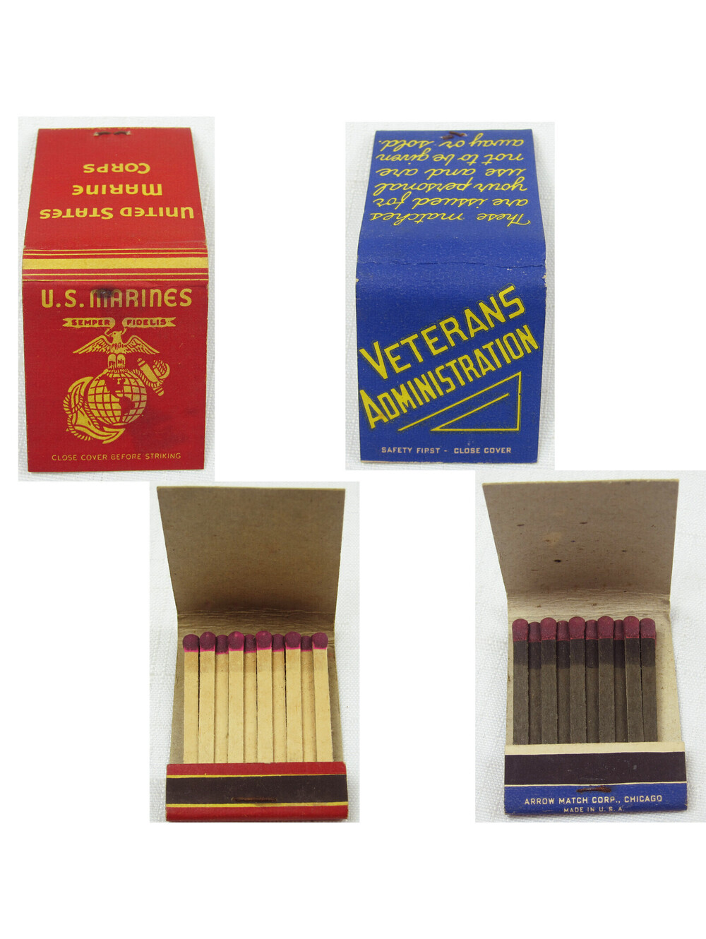 Lot 2 Vintage Matchbooks FULL Matches U.S. Marine Corps, Veterans Administration